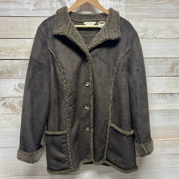 LL Bean Coat Womens XL Brown Faux Suede Sherpa Lined Shearling Jacket - Picture 1 of 10